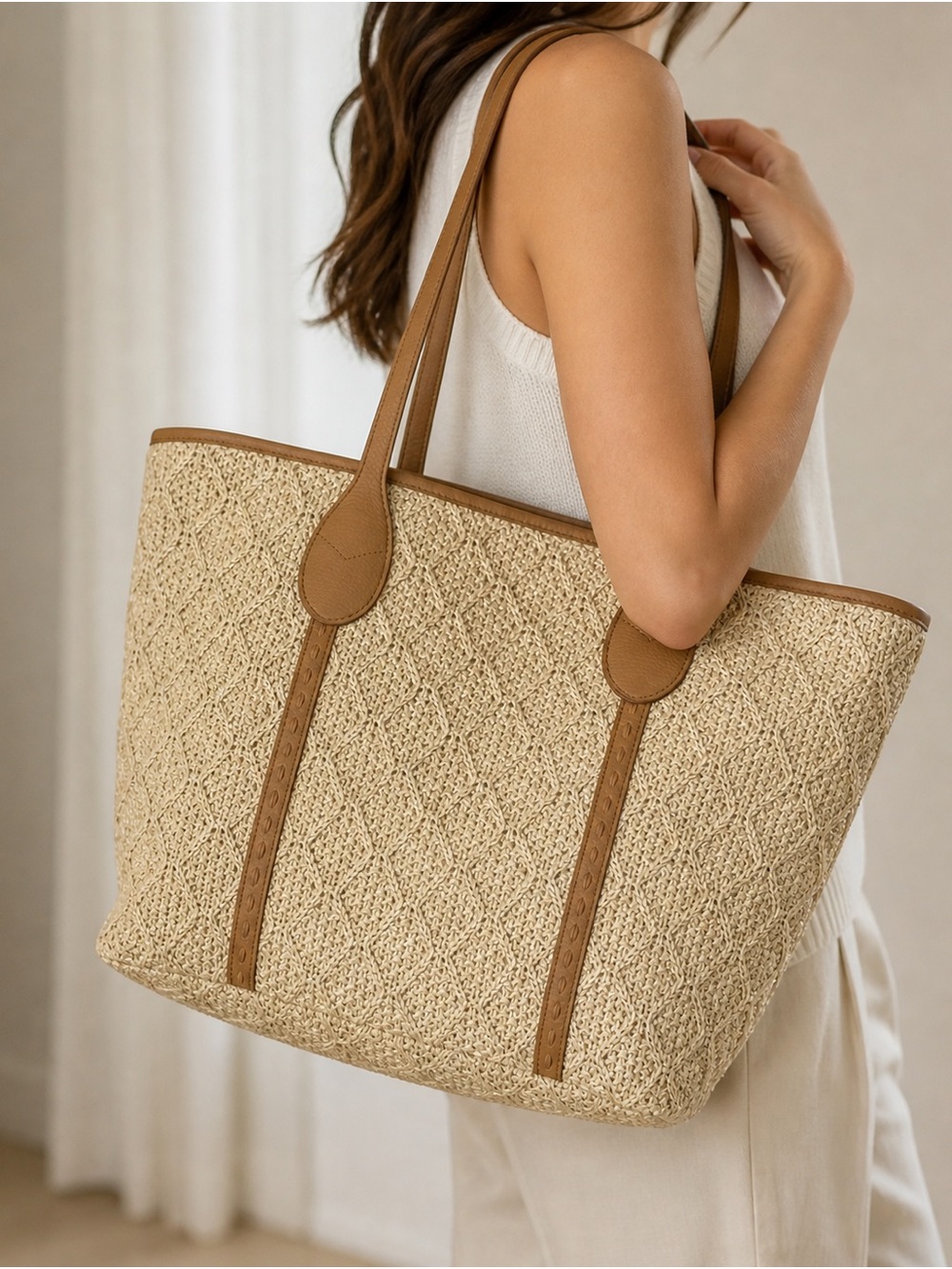 Talbots Natural Straw Tote with Tan Trim